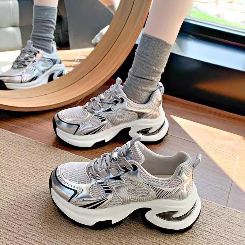 Super Chaudes Chaussures de Papa Argentées pour Femmes, Nouvel Article Printemps/Été 2025, Polyvalentes, Petite Hauteur, Semelle Épaisse, Chaussures de Sport Respirantes