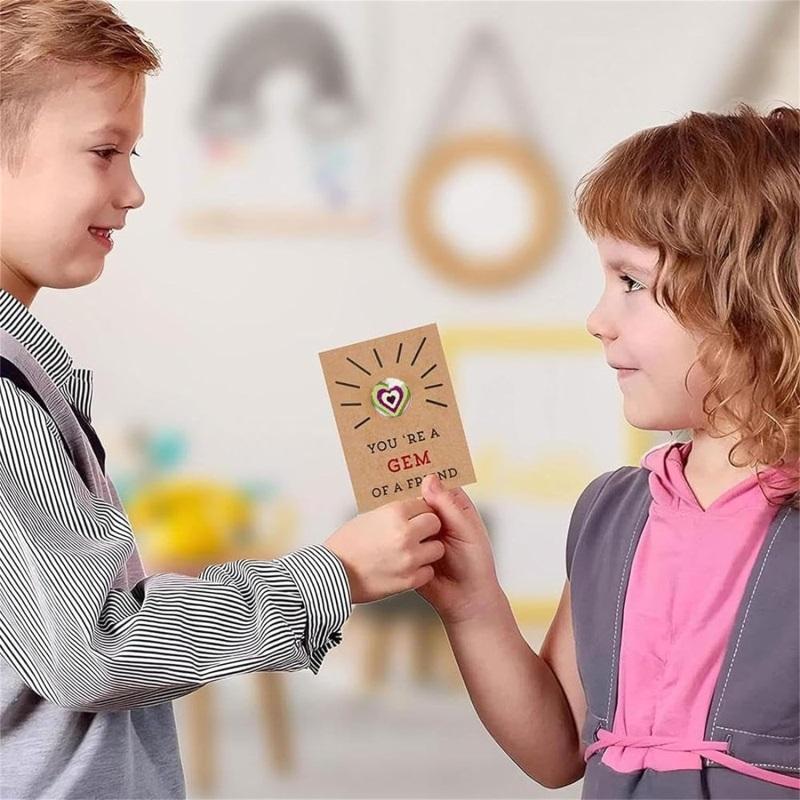 Valentines Day Gift for Kids 12 Pack Valentines Cards Heart-Shape Crystals Valentine Gift Boys Girls Toddlers School Party Favor