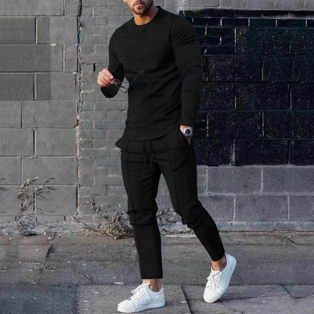 Men's Solid Color Loose Round-neck Long-sleeved Shirt And Long Pants Two-piece Casual Sportswear Set