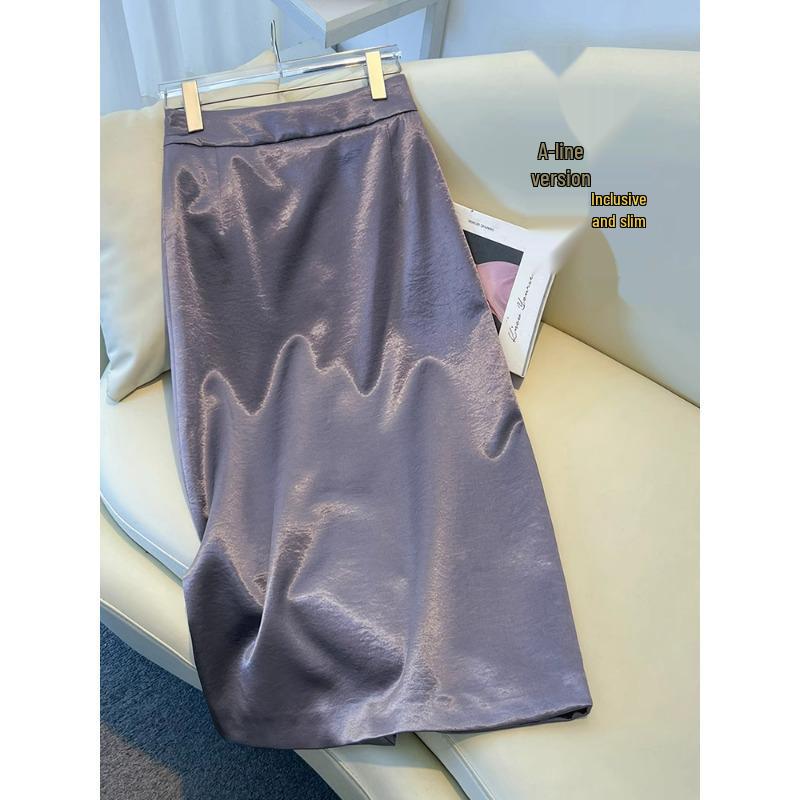Women's High-End Black Satin A-Line Bodycon Midi Skirt - Spring/Autumn 2025