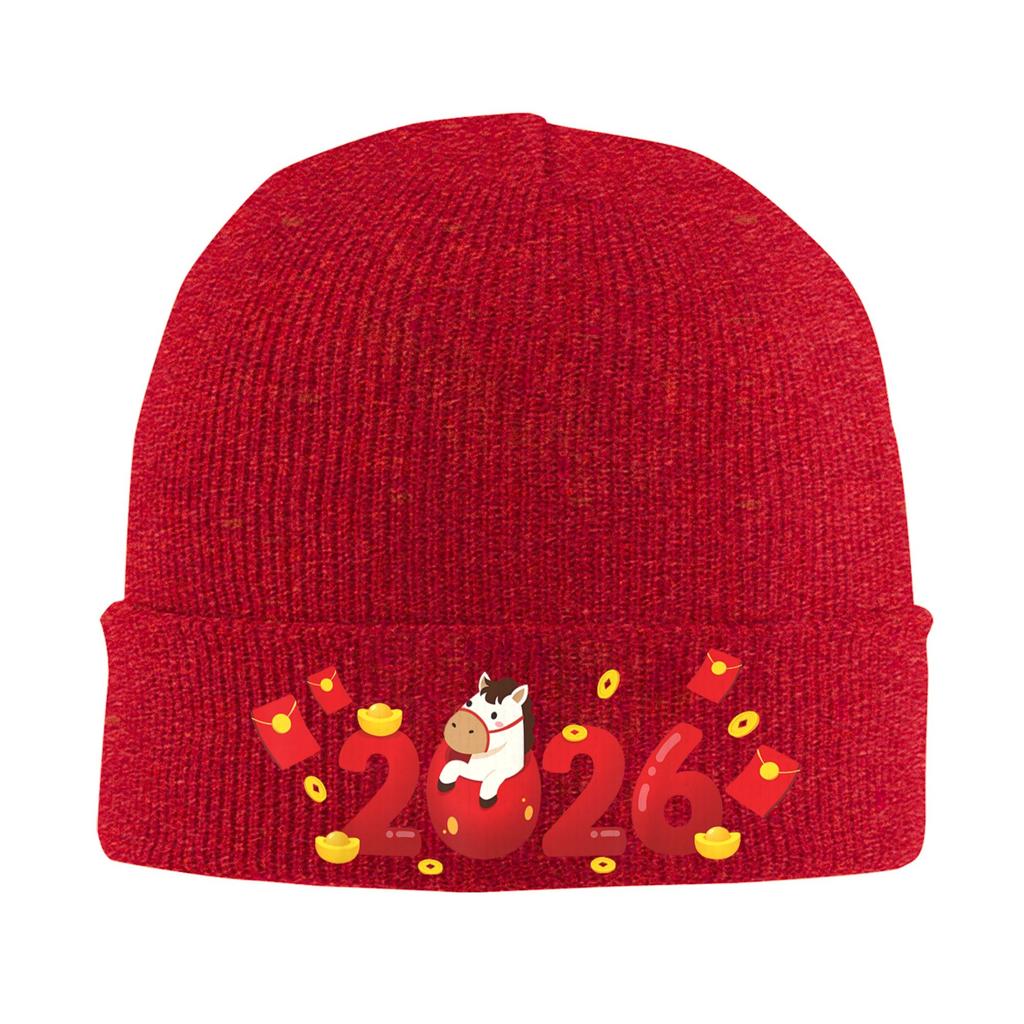 Funny Happy New Year 2026 Cute Year of The Horse Knit Hat Caps Men Women Hippie Beanie Hats Autumn Winter Head Wrap Bonnet Hats