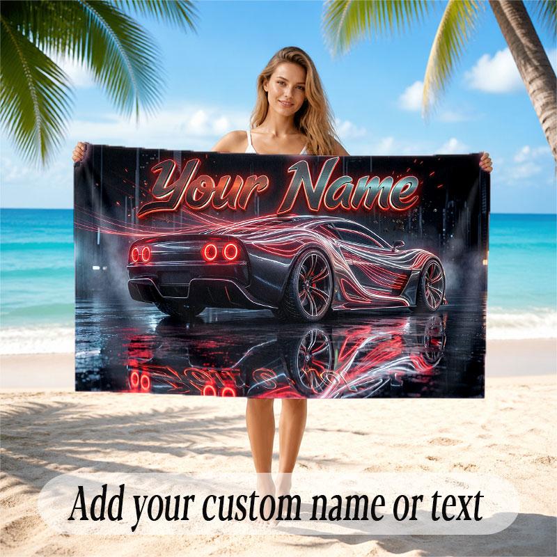 Car Racing Theme Beach Towel Personalized Custom Name & Text Soft Quick Dry Beach Towel for Swimming Travel