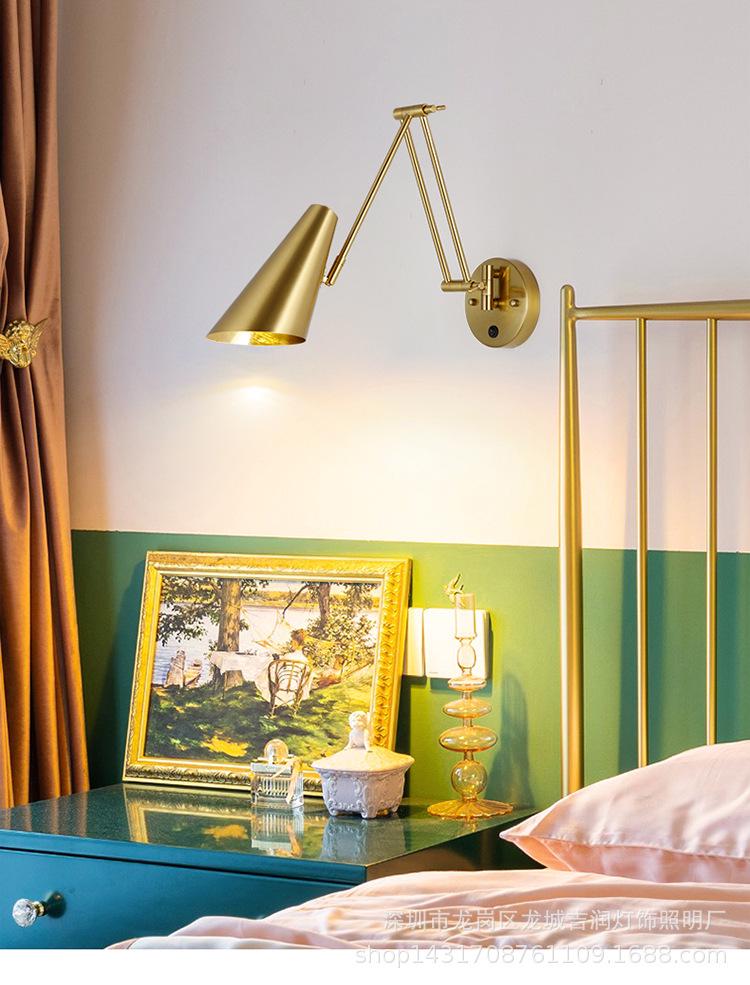Nordic Luxury Swing Arm Bedside Wall Lamp with Folding Retractable Reading Light and Switch