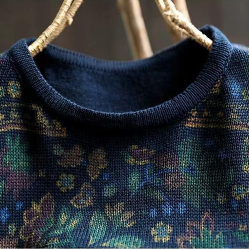 Johnature Woman Autumn Niche Vintage O-Neck Casual Loose Retro Sweater Chinese Style Long Sleeves Print Sweater