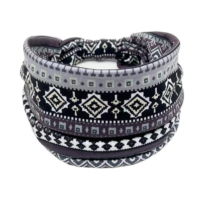 Bohemian Ethnic Print Yoga Headband - Wide Elastic, Sweat-Absorbing Headscarf