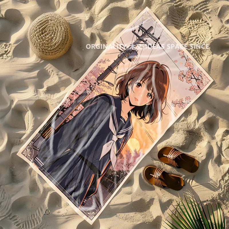 Sakura Anime Girl Beach Towel Patterned Sunscreen And Windproof Suitable For Swimming Pool Camping Travel Blanket