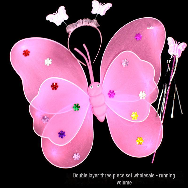 Children's Glow Angel Costume: Girl's Gauze Skirt with Flashing Wings and 20-Light Butterfly Design, 3-Piece Set.