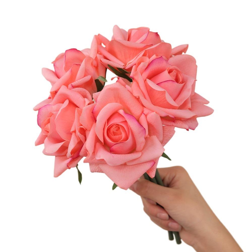 

Real Touch Artificial Rose Flower Branch 5 Heads Fake Flowers Birthday Decor темно-рожевого кольору