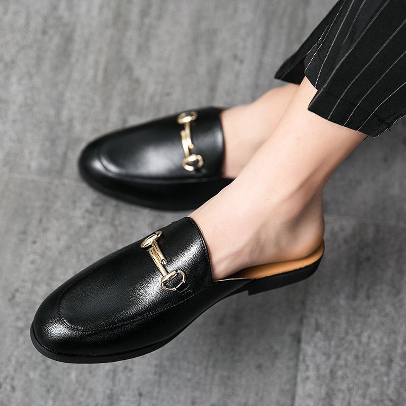 2023 Men's British Style Slip-On Sandals, Half-Open Toe, Closed-Toe, No-Back, Small Leather Shoes