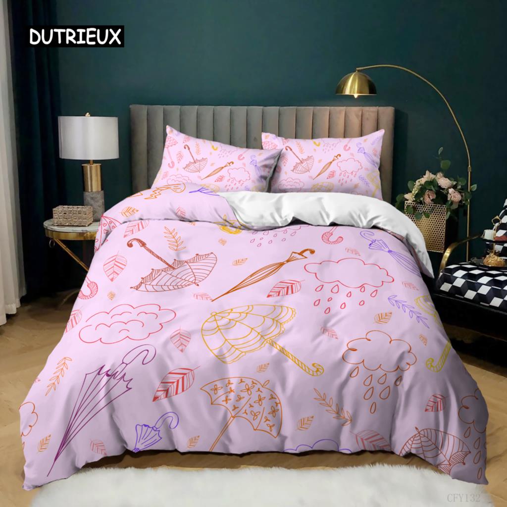 Bettbezug mit Regenschirm, bunter Regenschirm-Bettbezug, Bettwäscheset im Cartoon-Stil für Kinder und Jugendliche, Queen-Size-Bettbezug aus Polyester