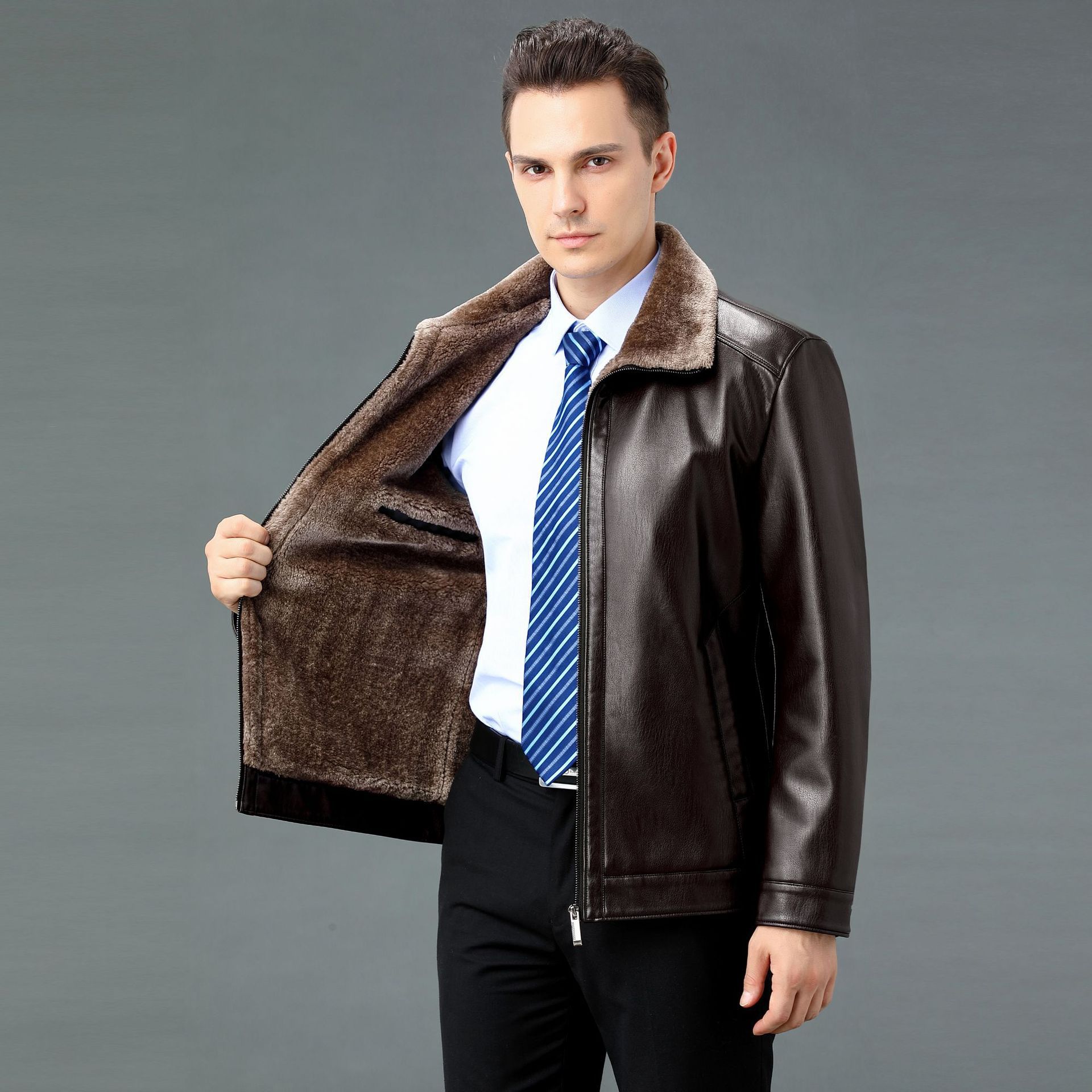 Мужские кожаные куртки с лацканами для мужчин среднего и пожилого возраста — фото 3
