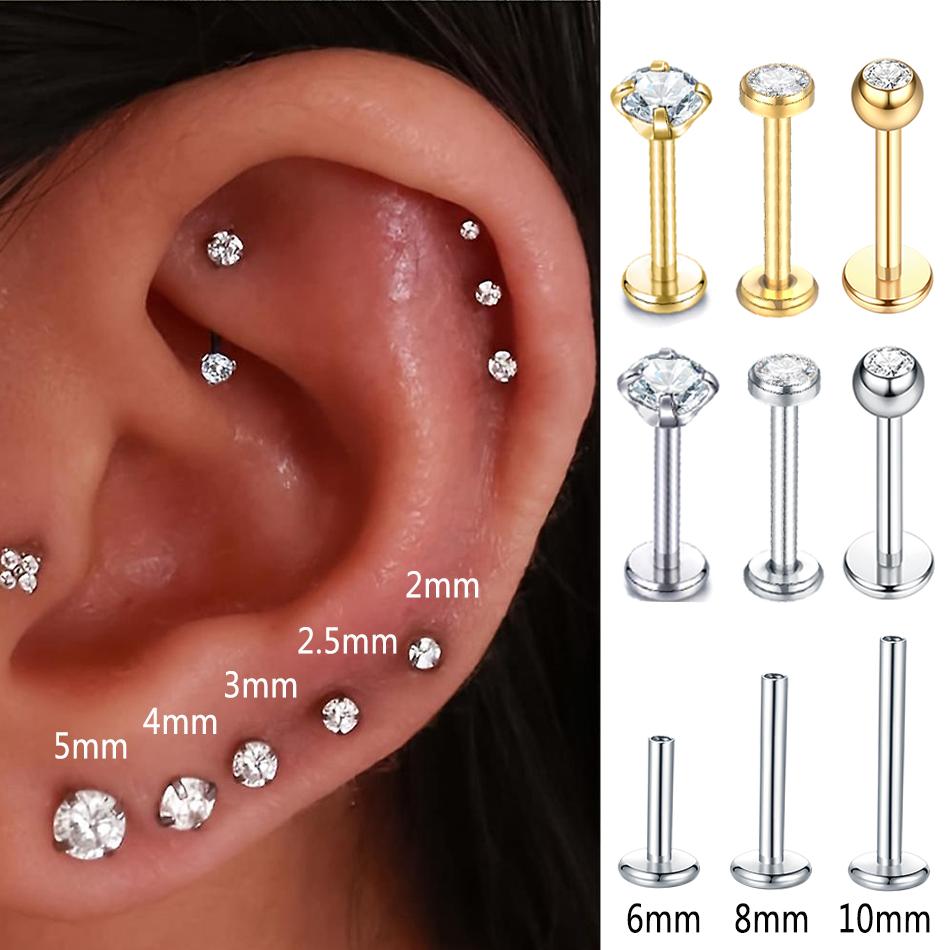 1pcs ASTM F136 Titanium Labret Piercing 2/3/4/5mm Zircon Ear Cartilage Tragus Lobe Helix Stud Earrings Piercings Body Jewelry