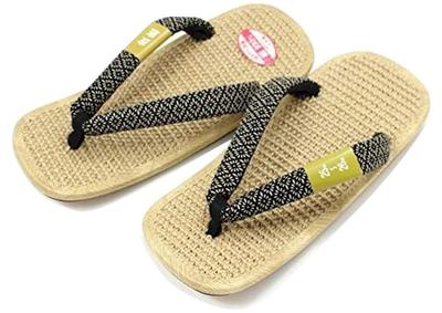 Hemp Hemp Geta Sandals with Cowhide Soles and a Kikubishi Pattern The Straps Are Japanese Shoe [ASAKUSA] 100% Men's (Super Comfortable!) Inden-style.
