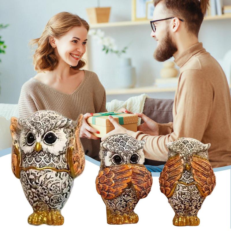 Owl Figurine Creative Tabletop Ornament No Listen No See No Speak Owl Sculpture for Office Cabinet Living Room Table Centerpiece