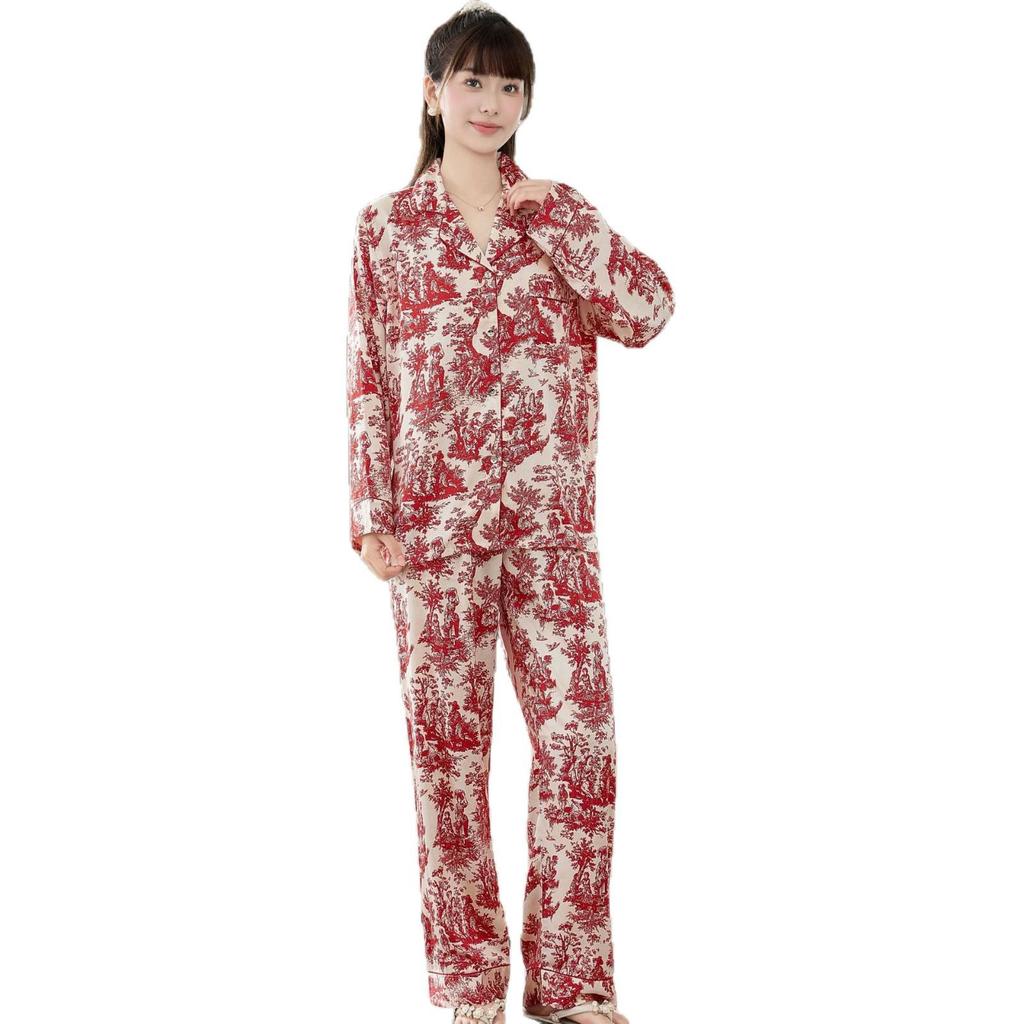 Women's Ink Wash Pajama Cardigan Set - Thin, Comfortable, Long Sleeve for Home or Casual Outside Wear in Spring and Autumn.