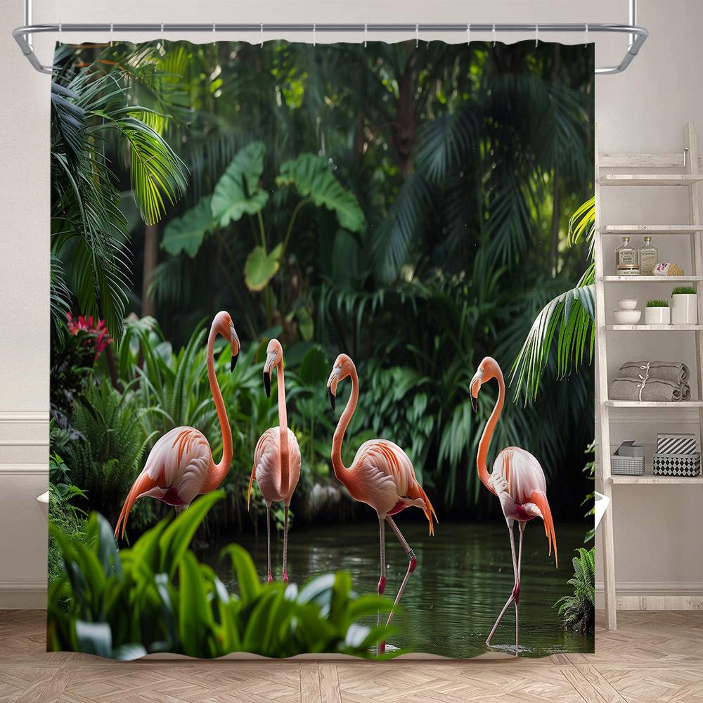 Shower Curtain, Tropical Flamingo Jungle Waterproof Polyester Bathroom Curtain With Hooks, Palm Tree Lotus Flower Decor Bath Cur