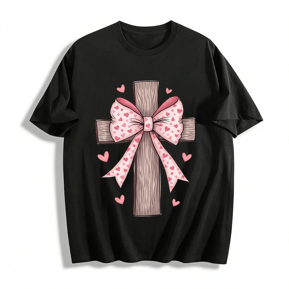 Wooden Cross With Heart Bow Print Casual Top Pure cotton T-shirt XXS