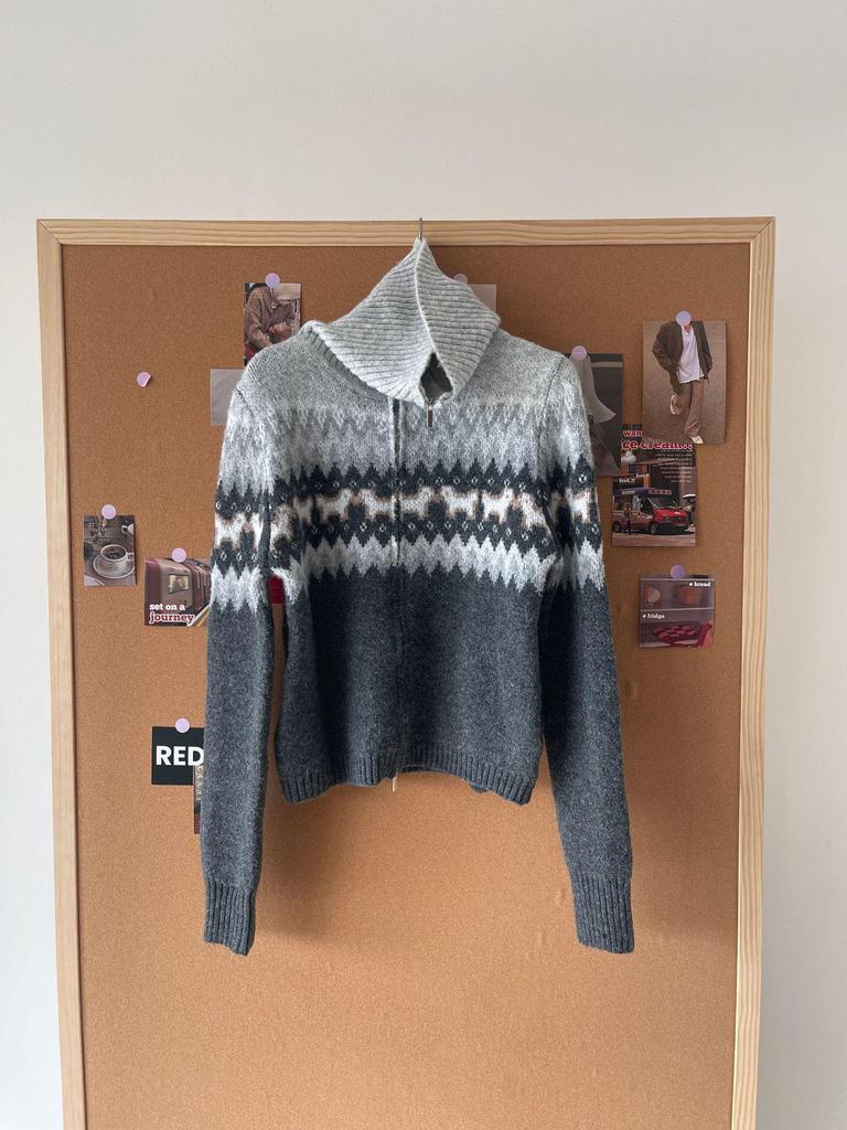 Women's Retro Fair Isle Puppy Jacquard Cardigan - High Neck, Thickened, High Waist, Double Zipper, Short Jacket for Autumn/Winter 2026.