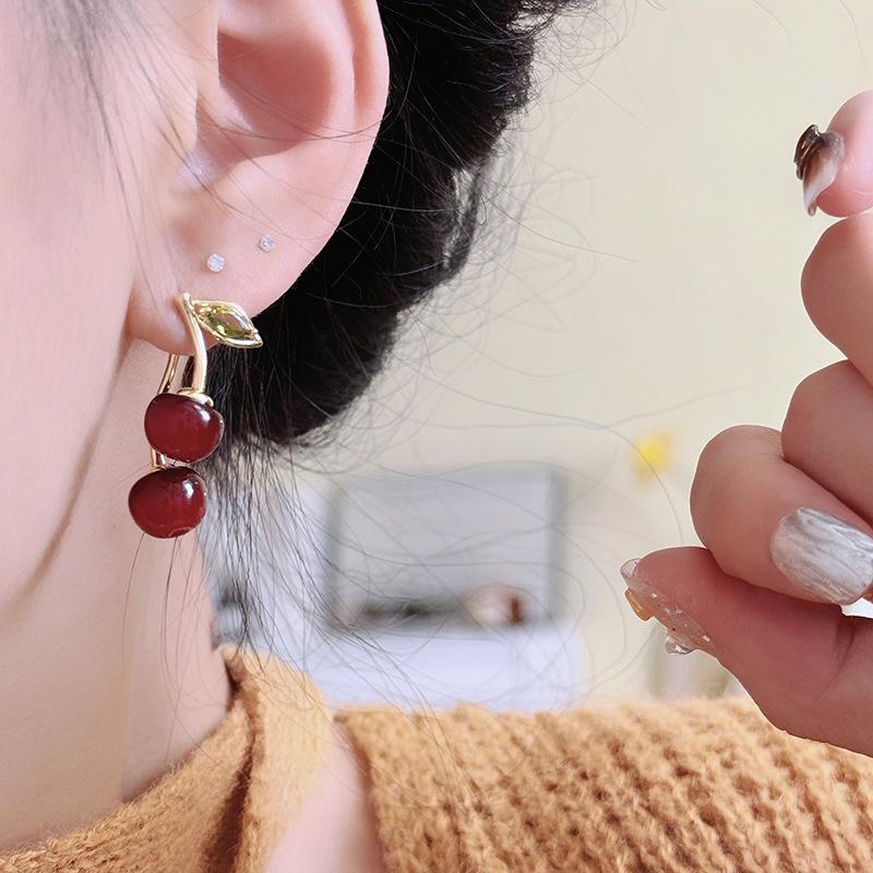 Silver Zircon Cherry Earrings - High-End, Light Luxury Studs with Fresh, Sweet Design