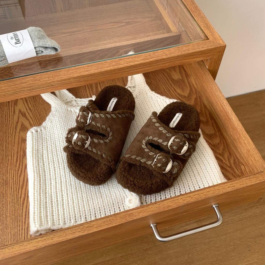 2025 Autumn and Winter New Korean Version of One-word Fluffy Slippers Women Wear Thick-bottomed Plush Thermal Cotton Slippers Fluffy Slippers