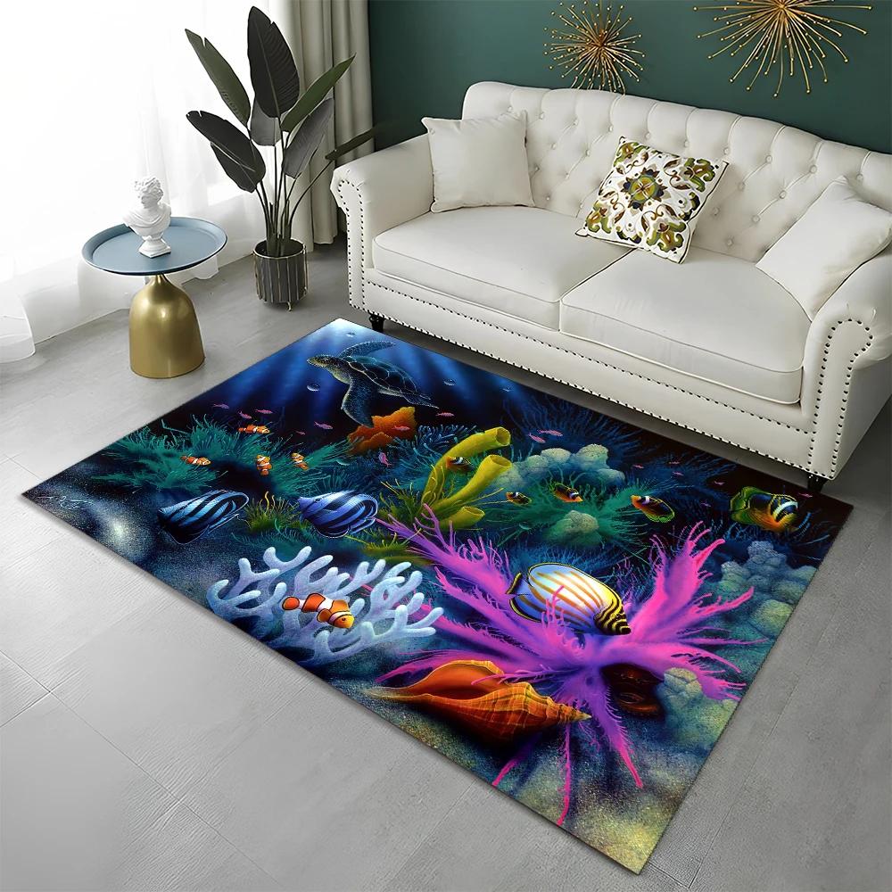 3D Underwater World Fish Carpet Ocean Animal Area Rug For Living Room Bathroom Decor Seabed Landscape Floor Mat Non-Slip Doormat