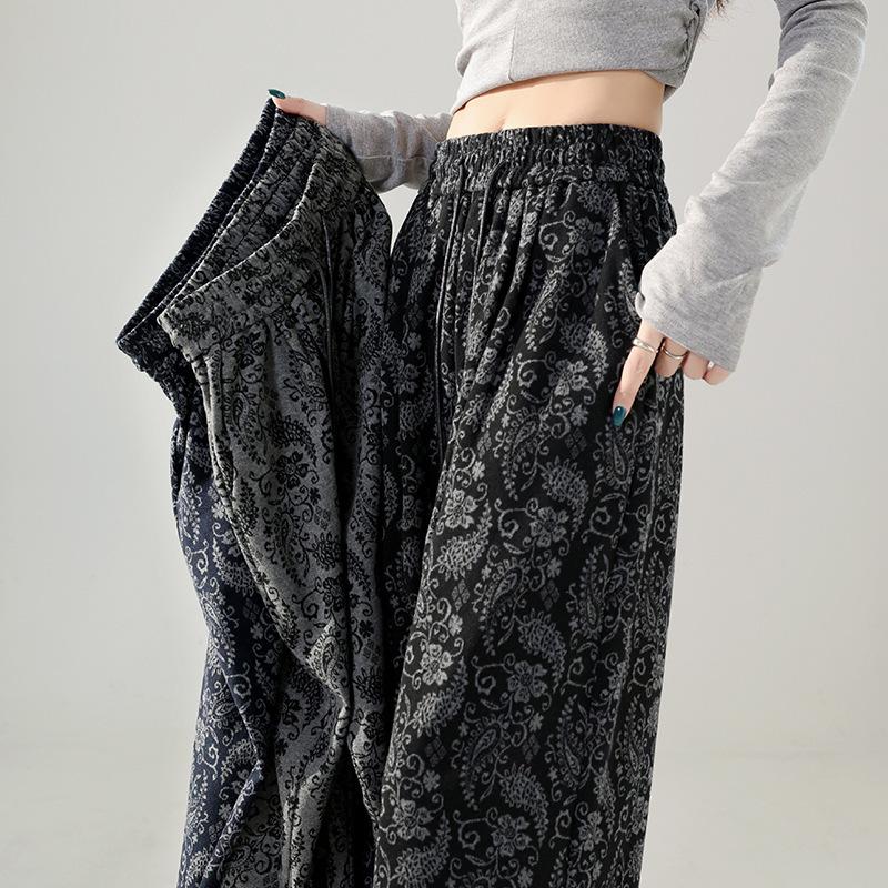 New Spring Autumn Retro Jacquard Casual Wide-leg Pants Women in Autumn High Waist Loose Elastic Waist Straight Pants