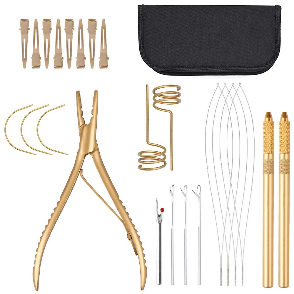 Kit de clești pentru extensie de păr Pro Clești Microlink pentru mărgele Inele Cârlig de tragere Ace curbate croșetat Tisel de păr Extensie de pene