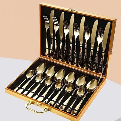 Panier 24 Pièces Couverts en Acier Inoxydable Finition Miroir Luxe Or Set de Couverts pour 6 Personnes avec Boîte Dorée
