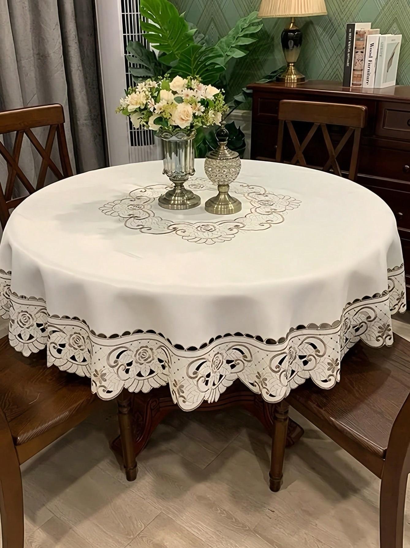 Moderne Bloemen Borduurwerk Uitgesneden Rond Tafelkleed Hittebestendig Stofdicht Polyester Deksel Voor Koffietafels Bruiloftsfeest Decoratie Diameter 175cm
