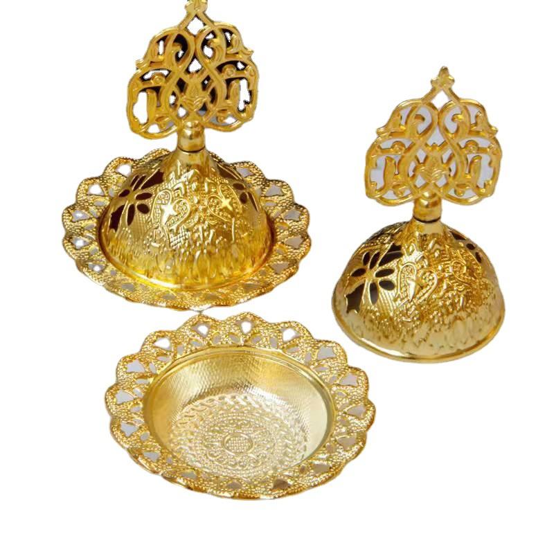 Golden Middle Eastern Arabic Incense Burner with Intricate Hollow-Out Design — Metal Aromatherapy Incense Burner for Cone Incens