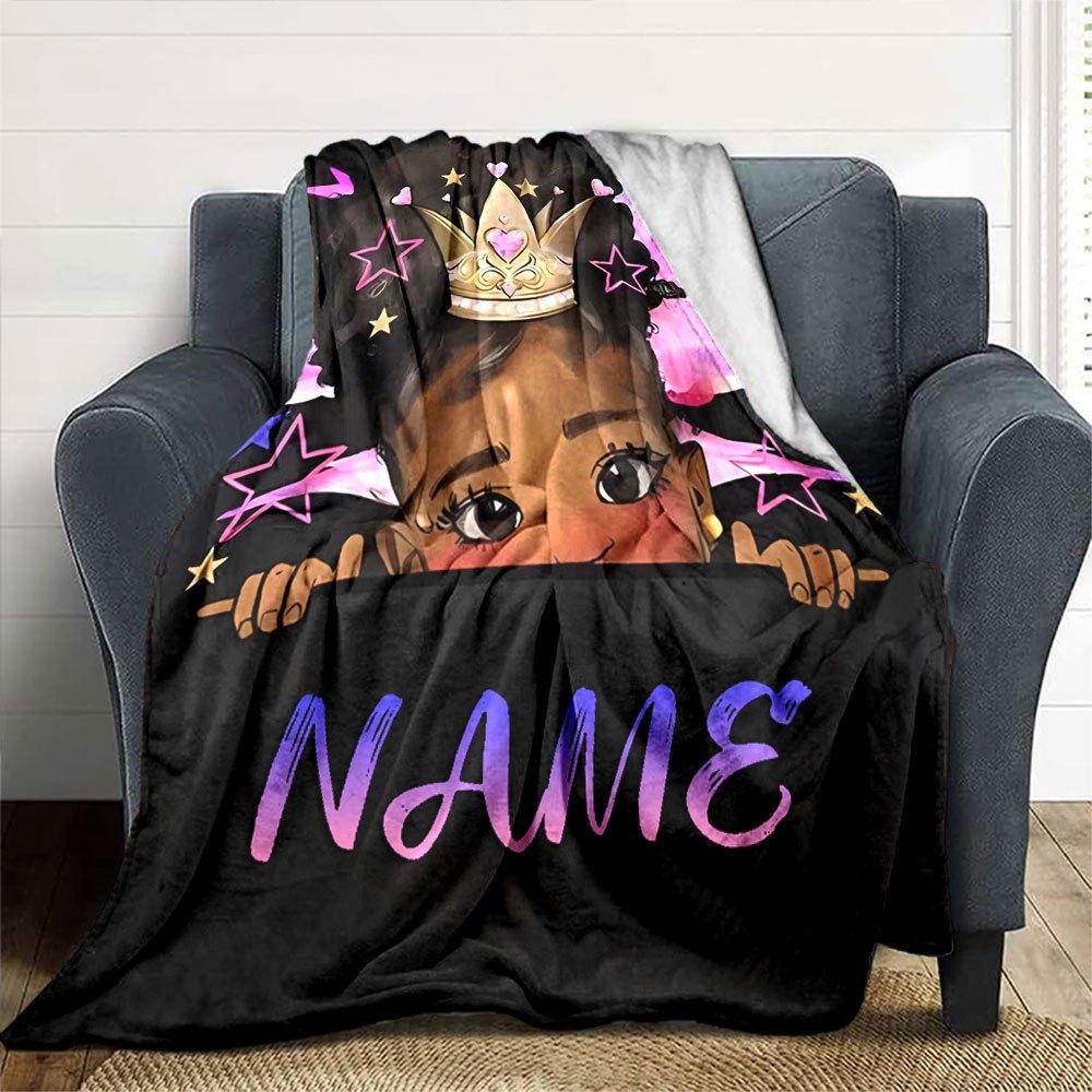 Princess Peek With Crown And Stars Gift Personalized Blanket Customize Your Name Soft Warm Cozy For Sofa Couch Office Bed Picnics Allseason Use