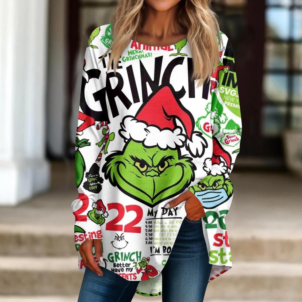 Damen Weihnachtsdruck Langarmshirt Rundhals Pullover T-Shirt Top Pullover