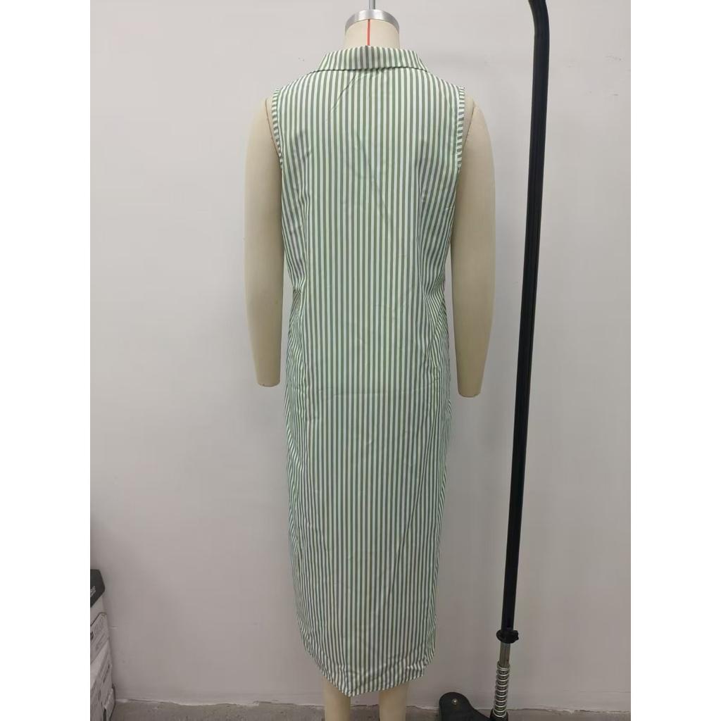 New European American Women Casual Striped Stand Collar Sleeveless Slit Maxi Long Dress Vacation Style