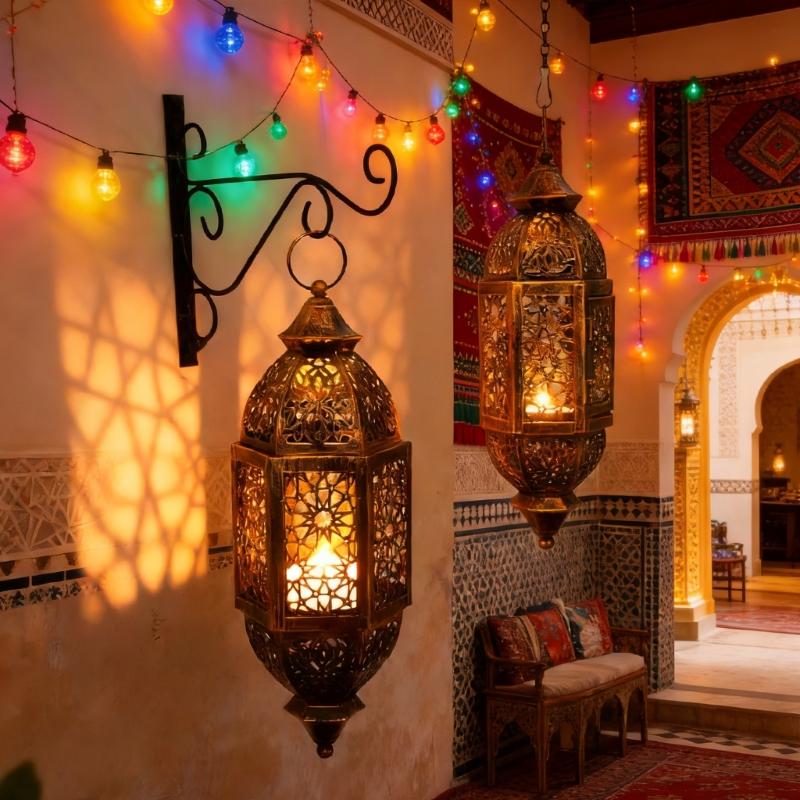 Portacandele in Ferro Battuto Marocchini Lanterna con Design Traforato da Appendere Decorazioni Regalo per Eid Ramadans
