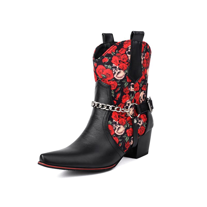 FOREADA Women Ankle Cowgirl Boots Round Toe Thick High Heels Buckle Chain Zipper Western Short Boots Ladies Fashion Shoes Winter 46