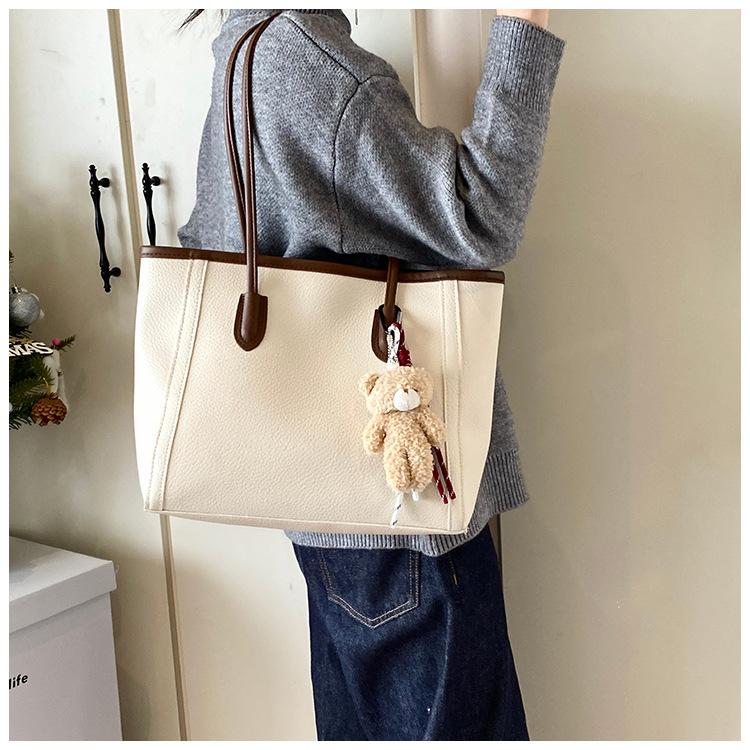 Large Capacity Fashion Tote Bag Women Detachable Charm Faux Leather Shoulder Bucket Purse Commuter Handbag