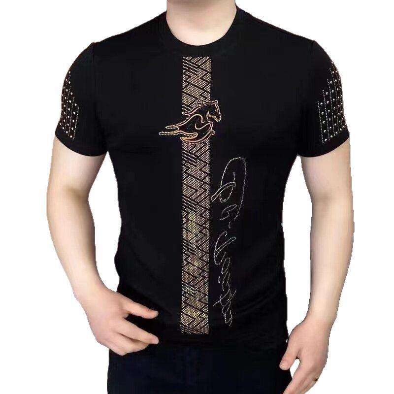 Prabangių cirkonio akmenėlių trumpomis rankovėmis marškinėliai vyrams vasarai apvalia iškirpte prigludę kasdieniai marškinėliai socialiniai gatvės drabužiai marškinėlių viršūnės