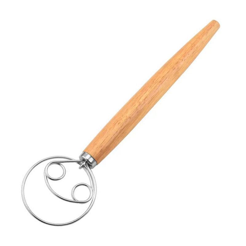 13" Oak Handle Danish Dough Mixer & Egg Beater - Stainless Steel Whisk Tool