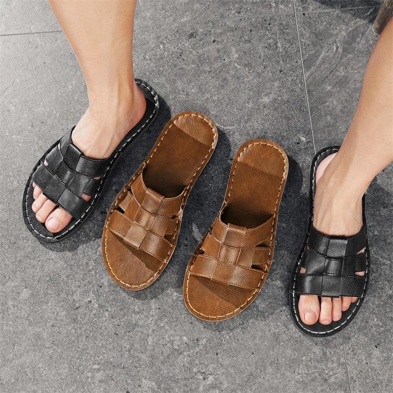 Men Slippers Handmade Simple Flats Brown Leather Sandals Black Summer Roman Sandals Open Toe Beach Shoes Plus Size