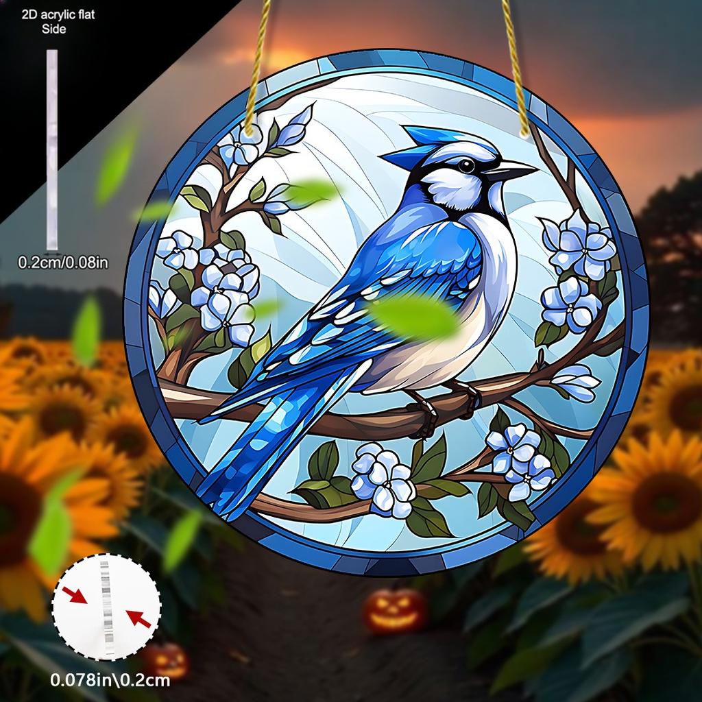 Suncatcher - Garden Decor with Vibrant Blue Bird & Flowers, Natural Style Window Hanging for Home, Nurseries, Vintage Home Decor Wall for Bar Kitchen