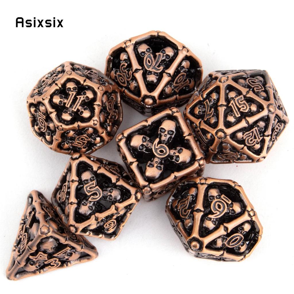 7 Pcs Coppery Skull Head Metal Dice Hollow Metal Polyhedral Dice Set Suitable for Role-Playing RPG  Board Game Card Game
