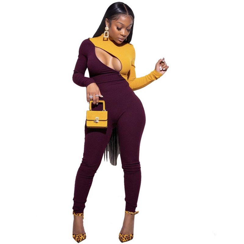 

Splice Zip Cutout Jumpsuit Pants Patchwork Zipper Cut Out Jumpsuit Pants Long Sleeves Burgundy XXL