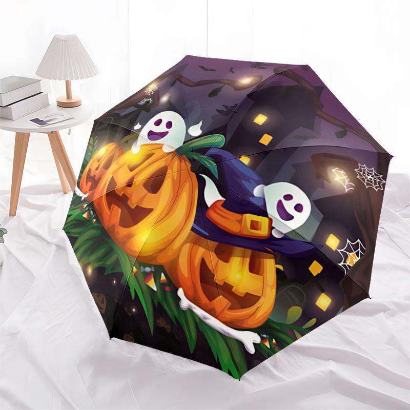 1pc Happy Ghosts and Pumpkins Halloween Durable Cartoon Folding Umbrella, Portable 3-Fold Compact Umbrella for Men and Women, Suitable for Travel