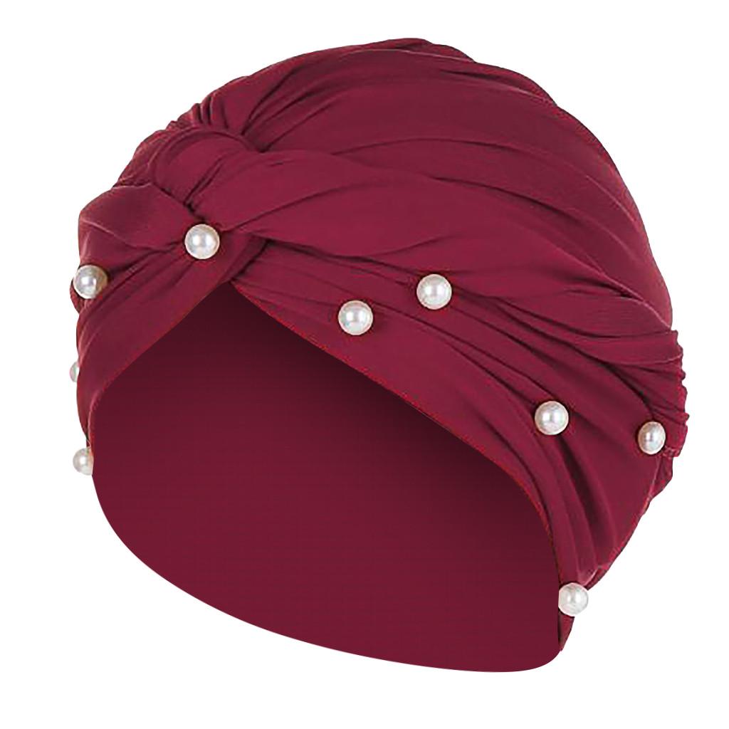 Women Pearl Beading India Hat Muslim Ruffle Chemo Turban Wrap Cap