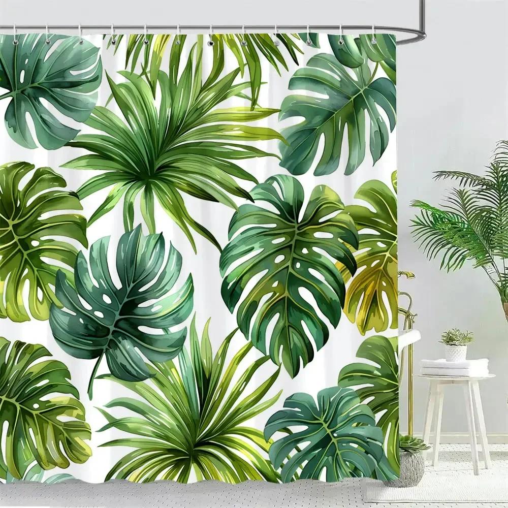 Beautiful Tropical Plant Leaves Shower Curtain Watercolour Palm Tree Leaves Printed Polyester Fabric Bath Curtain Bathroom Decor