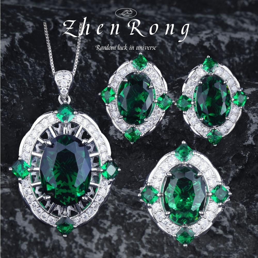 Luxury Women Jewelry Set Emerald Pendant Necklace Ruby Ring Earrings European Heavy Work Design