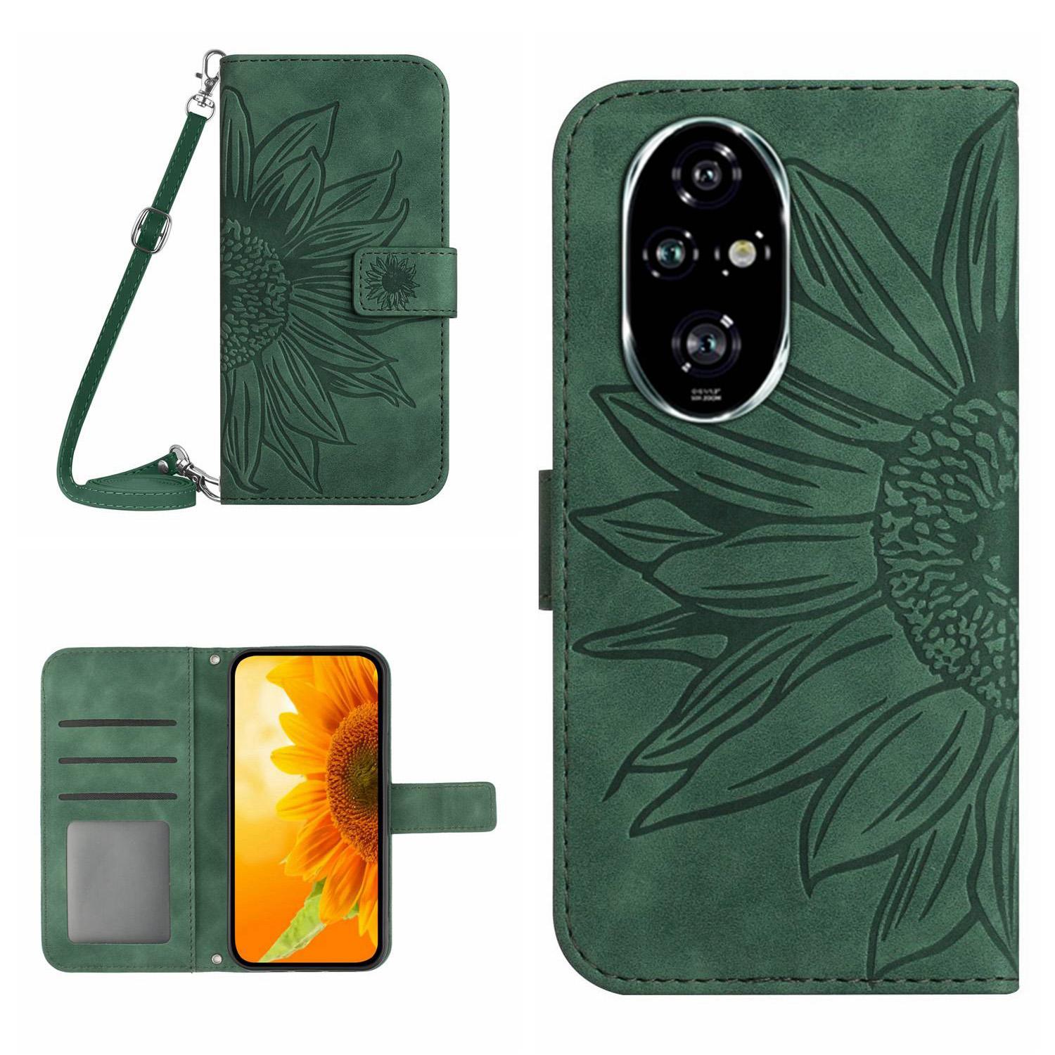 

HT04 For Honor 200 Pro 5G Case Sunflower Flip Leather Phone Cover Card Slots Dark Green