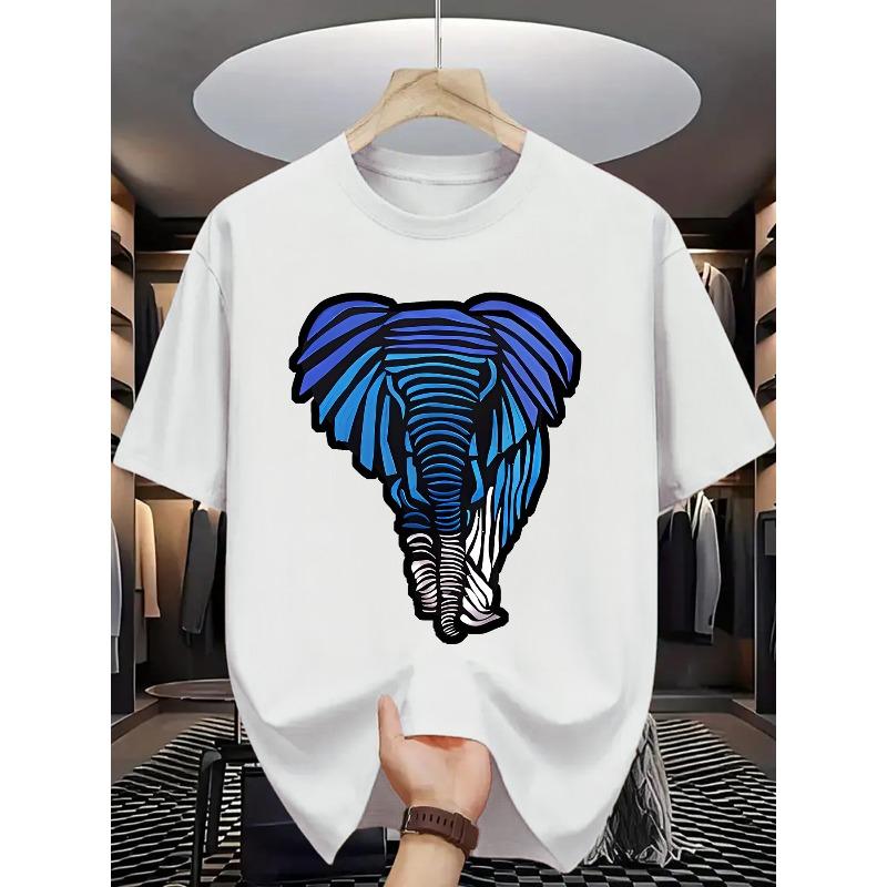 European Size 1pc Men'S Summer Casual Crew Neck T-Shirt, Knit Fabric with Slight Stretch, Regular Fit Short Sleeve Tee with Elephant Print Design