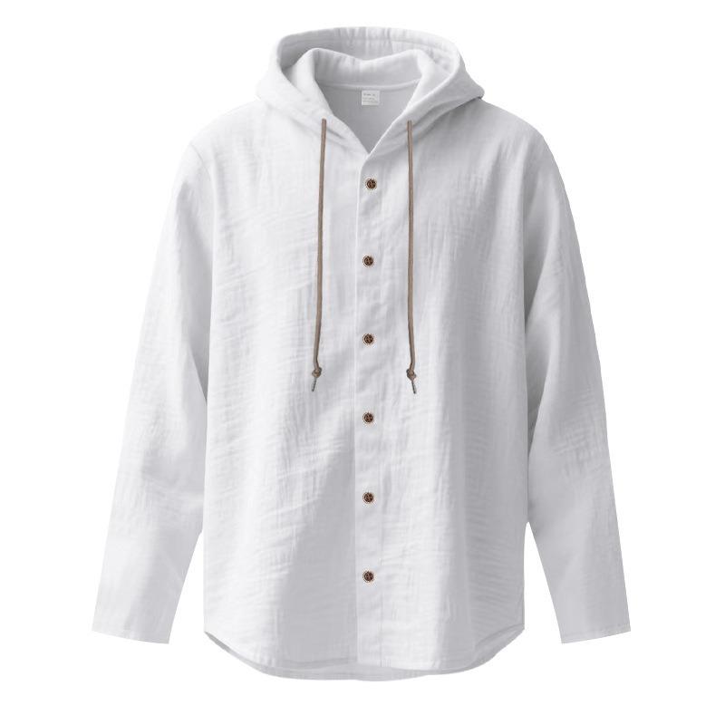 Spring Autumn Vintage Cotton Linen Hooded Shirt Male Long Sleeve Casual Fashion Blouse Men Solid Cardigan Top