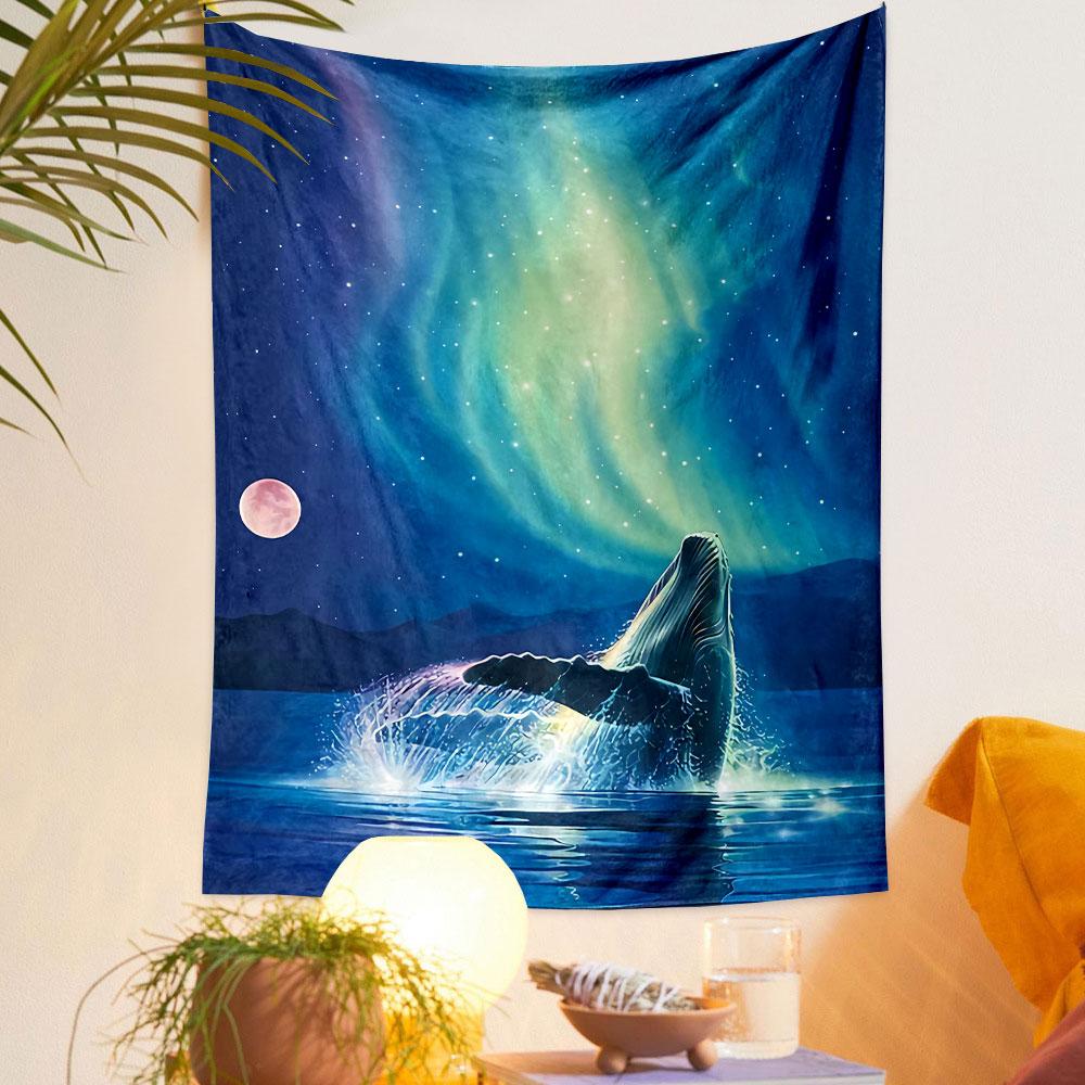 Whale Leaping Aurora Night Tapestry Wall Hanging, Ocean Moonlight Illustration, Nautical Wall Decor for Bedroom Living Room Dorm